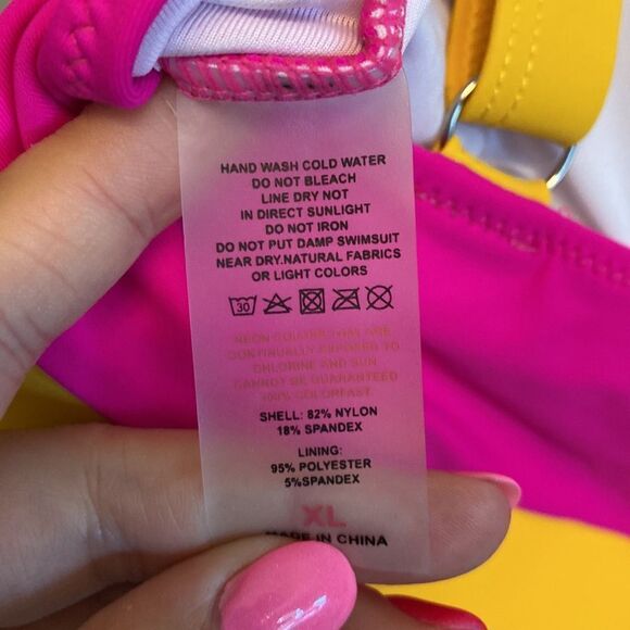 NWOT- HOT PINK & ORANGE-HIGH WAIST COLOR BLOCK BIKINI - Picture 7 of 8